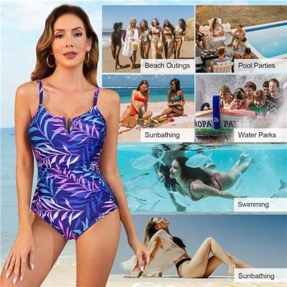 Women's Tummy Control One Piece Swimsuit V Wire Adjustable Strap Bathing Suit - Picture 4 of 6